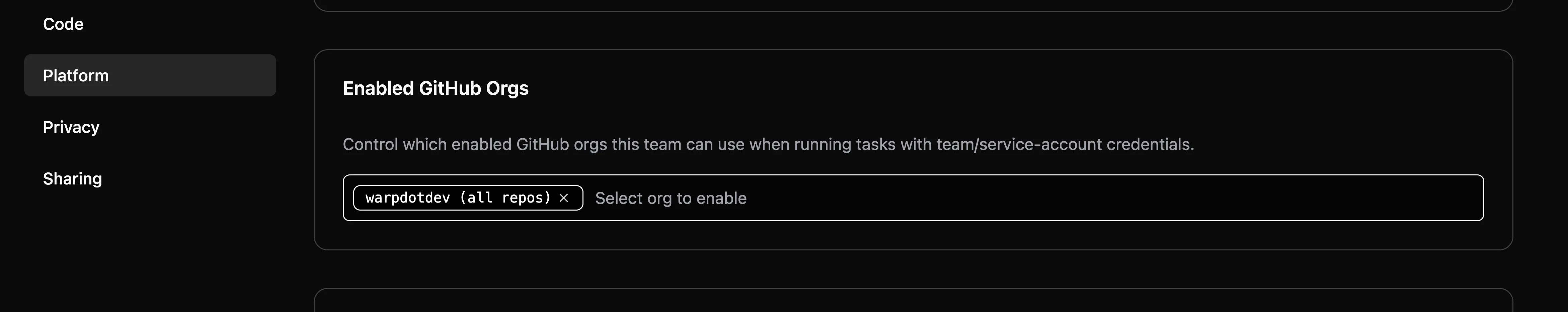 Enabled GitHub Orgs setting in the Admin Panel Platform section