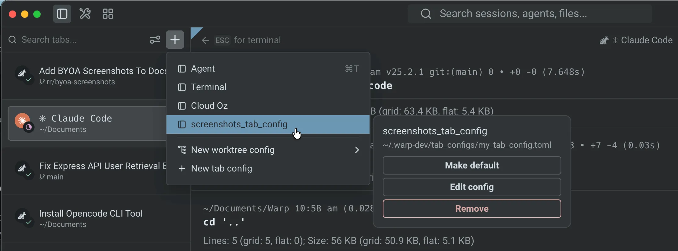 Warp's + menu open with a saved screenshots_tab_config entry highlighted, and a sidecar panel showing Make default, Edit config, and Remove action buttons